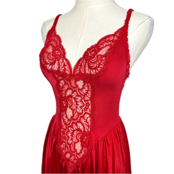 Vintage Fantasy Nightwear by Janice Lee Red Nylon Lace Maxi Slip Dress